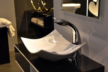 Modern bathroom with stylish white vessel sink and chrome faucet on black countertop.