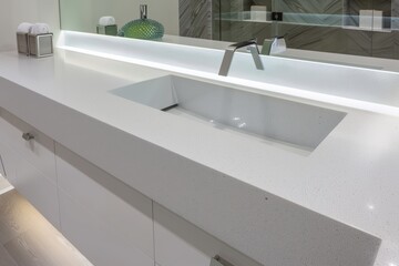 Modern minimalist bathroom vanity with white countertop and integrated sink.