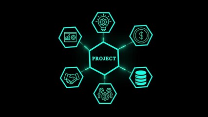 Project management concept with icons representing various aspects such as planning, teamwork, finance, and strategy for business success and growth - Powered by Adobe