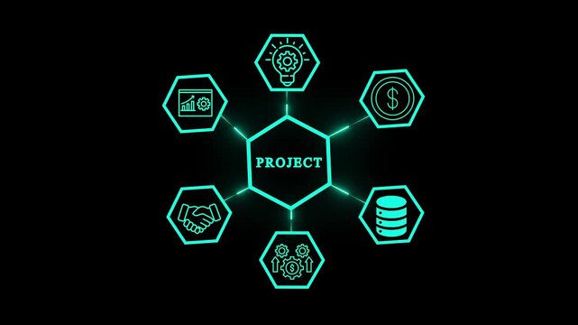 Project management concept with icons representing various aspects such as planning, teamwork, finance, and strategy for business success and growth - Powered by Adobe