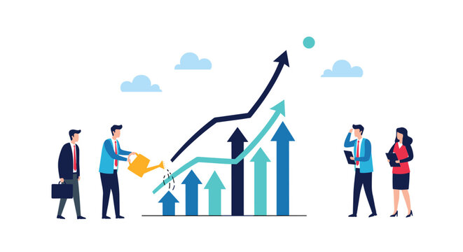Illustration of business growth and financial success with team collaboration driving progress