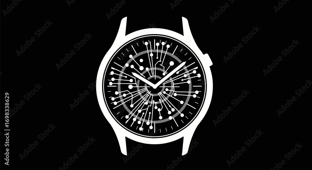 Poster high tech timepiece with an intricate digital circuit face.