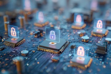 Digital Security Concept on Futuristic Circuit Board with Glowing Padlock Icons.