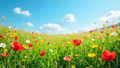 A lush green field of wildflowers in full bloom under a clear blue sky, celebrating Earth Day and environmental sustainability , outdoor, fresh air, planet