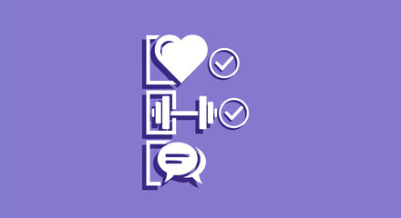 Personal wellness goals checklist with heart dumbbell and chat icons.