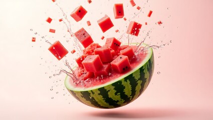 Exploding watermelon cubes with water splash on pink background