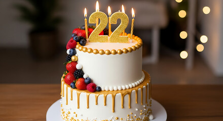 Delicious twotiered cake celebrating a 22nd birthday with berries