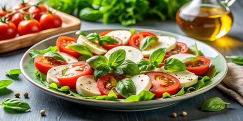 Freshly sliced tomato and mozzarella cheese on a bed of lettuce, dressed with basil leaves and olive oil dressing, mozzarella cheese, salad caprese