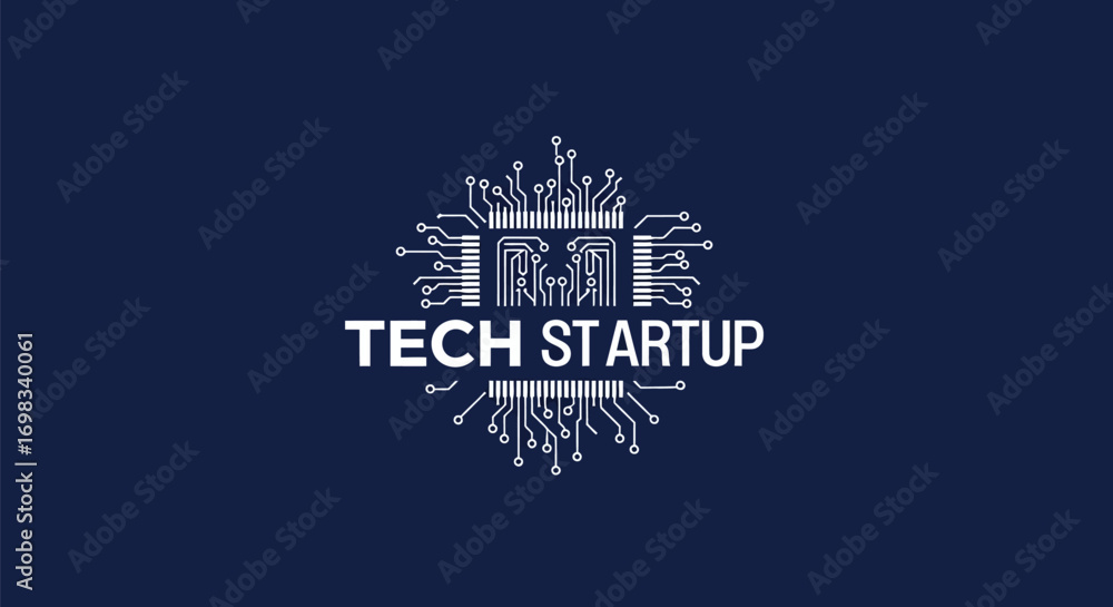 Poster tech startup logo with microchip circuit board design.