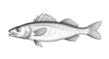Detailed illustration of a fish, rendered in grayscale, showcasing intricate anatomical details.