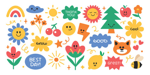 Cute kid elements collection. Funny and childish cartoon with positive words hand drawn style.