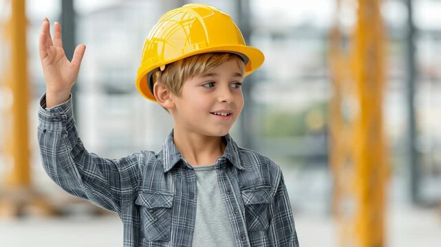 Smiling boy in yellow hard hat and plaid shirt waving hand at construction site, cheerful child safety, kid helmet, natural light