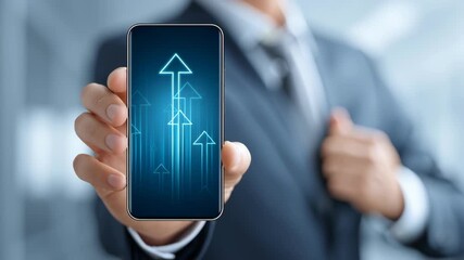 Businessman hand holding smartphone with digital growth arrow, symbolizing technology, success, finance, innovation, and progress upward financial - Powered by Adobe