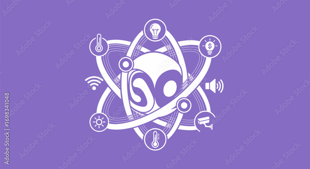 Poster artificial intelligence robot head at the center of a smart home technology atom symbol.