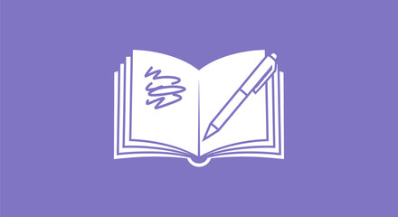 Simple line art illustration of an open book and pen.