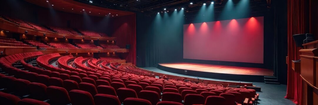A large, modern auditorium with tiered seating, a spacious stage, and excellent acoustics, perfect for presentations and performances , system, professional