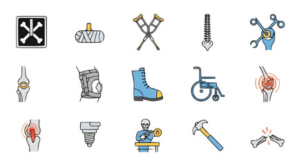 Orthopedics and Bone Health Icons Set, Medical Symbols for Joints, Bones, Fractures, and Musculoskeletal Care