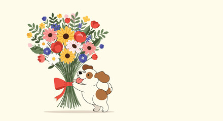 Fototapeta premium A cheerful puppy proudly carries a large colorful bouquet of wildflowers tied with a red ribbon