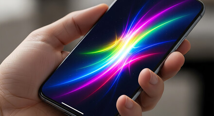 Hand holding smartphone displaying vibrant abstract rainbow light streaks.
