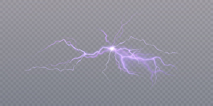 A plasma explosion of bright lightning bolts. A vector light element of an electrical explosion on a transparent background.