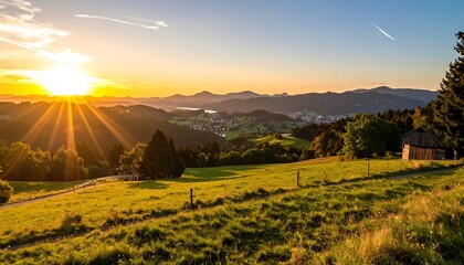 Sunrise over a valley, hills and meadows
