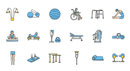 Physical Therapy and Rehabilitation Icons Pack, Medical Treatment, Injury Recovery, Healthcare and Exercise Therapy Symbols Set