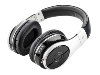 Studio Headphones Black Leather Silver Accents Floating white Background Luxury Audio Device Over Ear Design, png file 