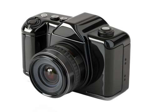 Modern black digital slr camera with lens on black background