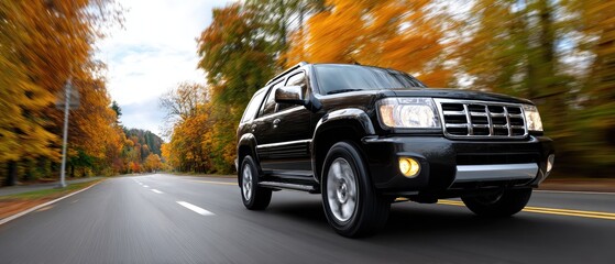 An SUV drives down a forest road adorned with colorful autumn leaves during a warm sunset, capturing a sense of adventure and motion.
