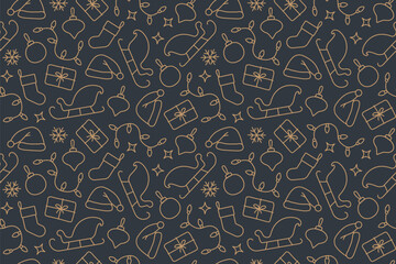 golden seamless christmas pattern with santa hat and sled, christmas sock, fir tree, gift, bauble, lights, snowflake, stars; great for wrapping, textile, wallpaper, greeting card- vector illustration