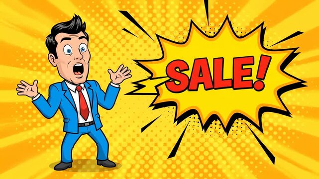 Cartoon businessman announcing a sale in a vibrant yellow comic book style background with bold graphics.