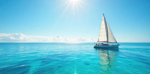 Fototapeta premium A lone sailboat glides across a calm, turquoise sea under a bright, sunny sky The single sail is full, catching the gentle breeze Perfect for travel, adventure, and freedom themes , bright, scene