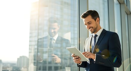 A smiling businessman in a suit uses a tablet while standing by a large window with a city reflection.