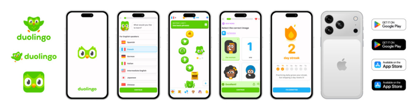 Duolingo template UI 2025 update in dark and light mode displayed on iPhone 17 mockup. Editable vector design for language learning app screens, education, branding, and digital content projec