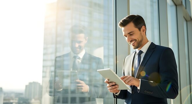 A smiling businessman in a suit uses a tablet while standing by a large window with a city reflection.
