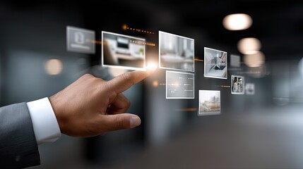 A businessman interacts with a touchscreen, exploring various media displays including photos, videos, and news posts in a dark setting