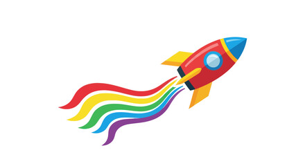 Colorful Cartoon Rocket Ship with Rainbow Trail. © Maryati