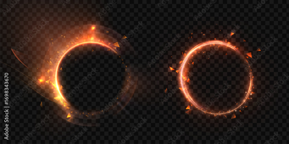 Poster fiery glowing circular frames with sparks and burning light effect on transparent background. suitab