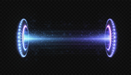 Futuristic glowing portal with energy beam connecting two circular gates on transparent background. Perfect for sci-fi illustrations, digital artworks, gaming effects and virtual interface design.