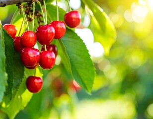 Obraz premium Ripe cherries hanging on a tree branch, bright sunlight