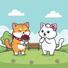 Naklejka premium A cartoon cat presents roses to a white cat with a bow in a park setting sunny with a bench