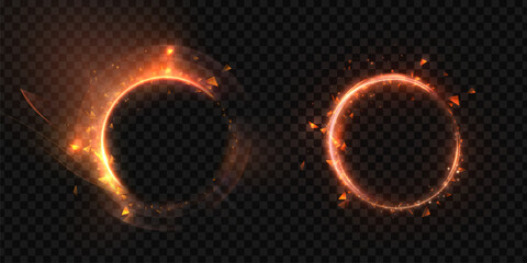 Fiery glowing circular frames with sparks and burning light effect on transparent background. Suitable for digital artworks, fantasy elements, game design, sci-fi concepts and dramatic visuals. © MAKSYM