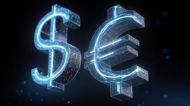 Futuristic Digital Currency Visualization: Dollar and Euro Symbols Technology Concept