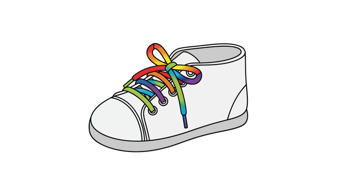 A simple line drawing of a white baby shoe with colorful rainbow shoelaces.