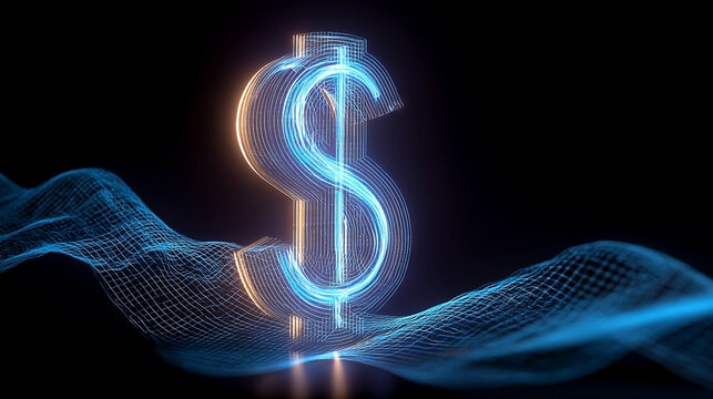 Digital Currency Landscape: A Glowing Dollar Symbol Amidst Electronic Waves - Powered by Adobe