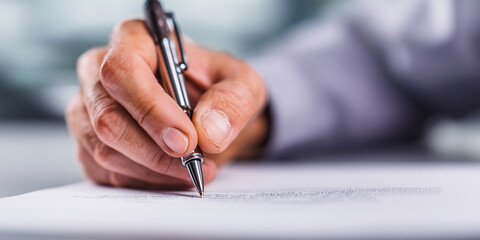 Businessman's hand signing document sitting in office, holding pen and writing on paper. 