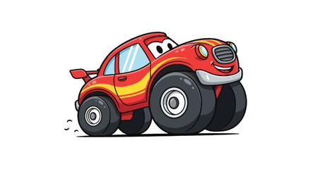 Adorable Cartoon Red Monster Truck Car with Big Wheels and Yellow Stripes. © Maryati