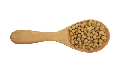 Top view of soybeans placed in a wooden spoon isolated on white background. Perfect for concepts of organic food