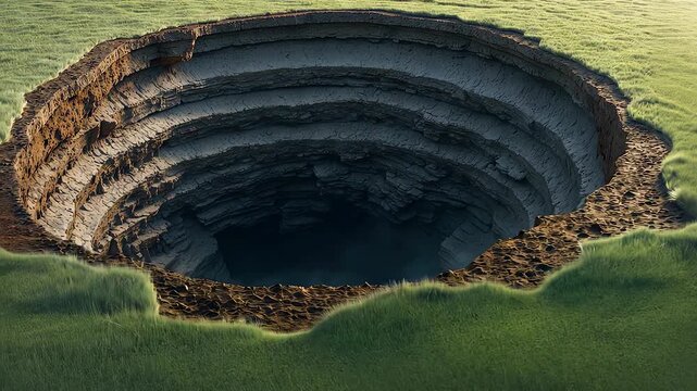 Massive circular sinkhole in grassy landscape with layered geological formations creating a dramatic natural cavity in the earth terrain