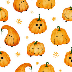 Cute pumpkin characters seamless pattern. Kawaii watercolor illustration for Halloween on a white background.